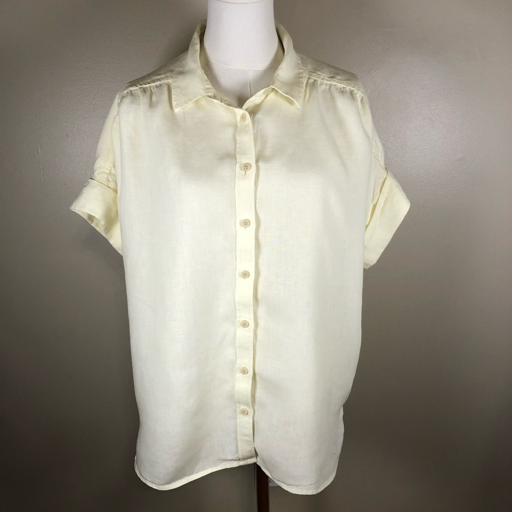 J. Crew 100% Irish Linen Light Yellow Relaxed Button-Up Short Sleeve Shirt Sz S - Picture 2 of 10